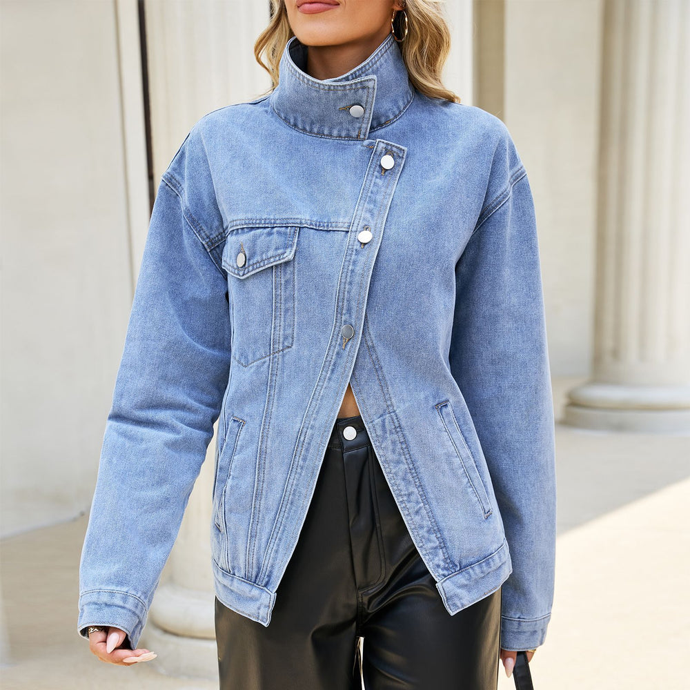 European and american cross-border e-commerce  asymmetrical slant placket metal buckle multi-pocket drop shoulder washed denim jacket for women