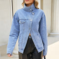 European and american cross-border e-commerce  asymmetrical slant placket metal buckle multi-pocket drop shoulder washed denim jacket for women