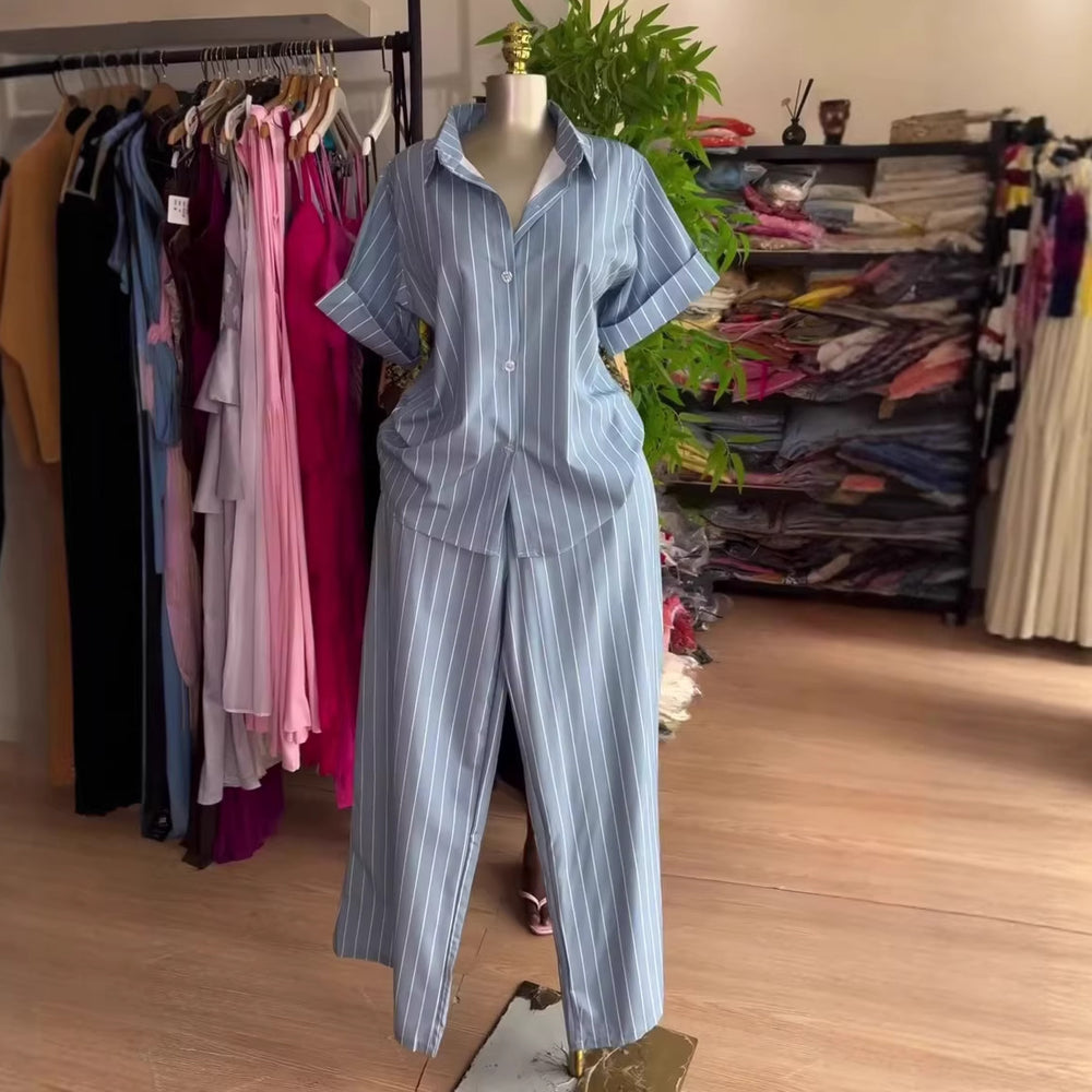 European and american cross-border women's fashion:  summer new arrival - stylish and elegant blue striped short-sleeve shirt and pants set with turn-down collar