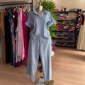 European and american cross-border women's fashion:  summer new arrival - stylish and elegant blue striped short-sleeve shirt and pants set with turn-down collar