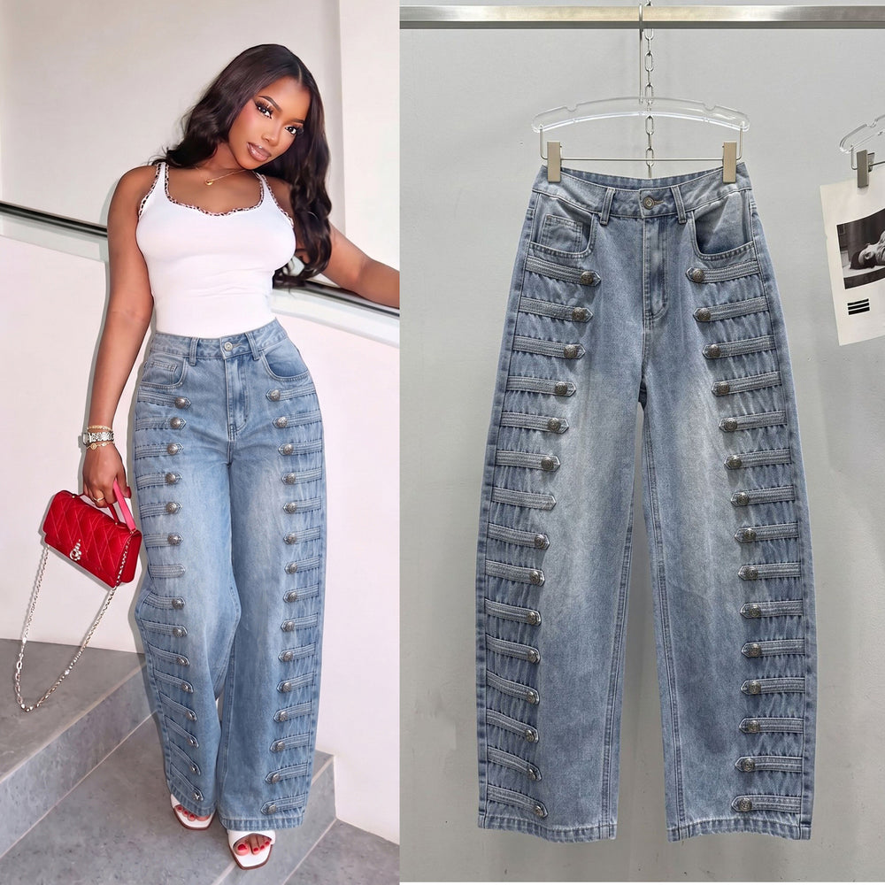 Autumnew arrivalamerican distressed metal rib buckle loose scimitar jeans loose pants pants women's trendy