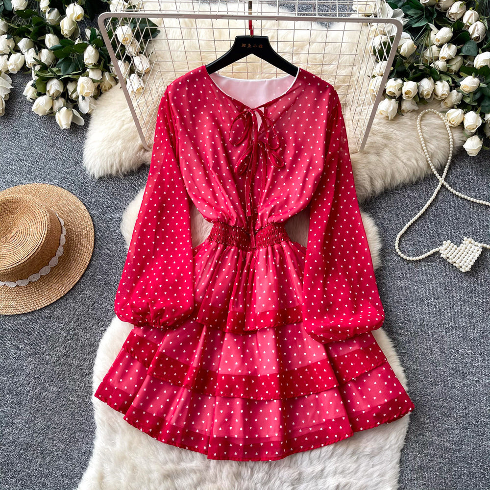 Korean style red polka dot slim-fit dress - women's summer long sleeve ruffle hem waist-cinching slimming high-end tiered dress