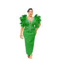 African women's mesh bodycon dress with rhinestone embellishments, elegant v-neck, long skirt, short sleeves - cross-border fashion wholesale