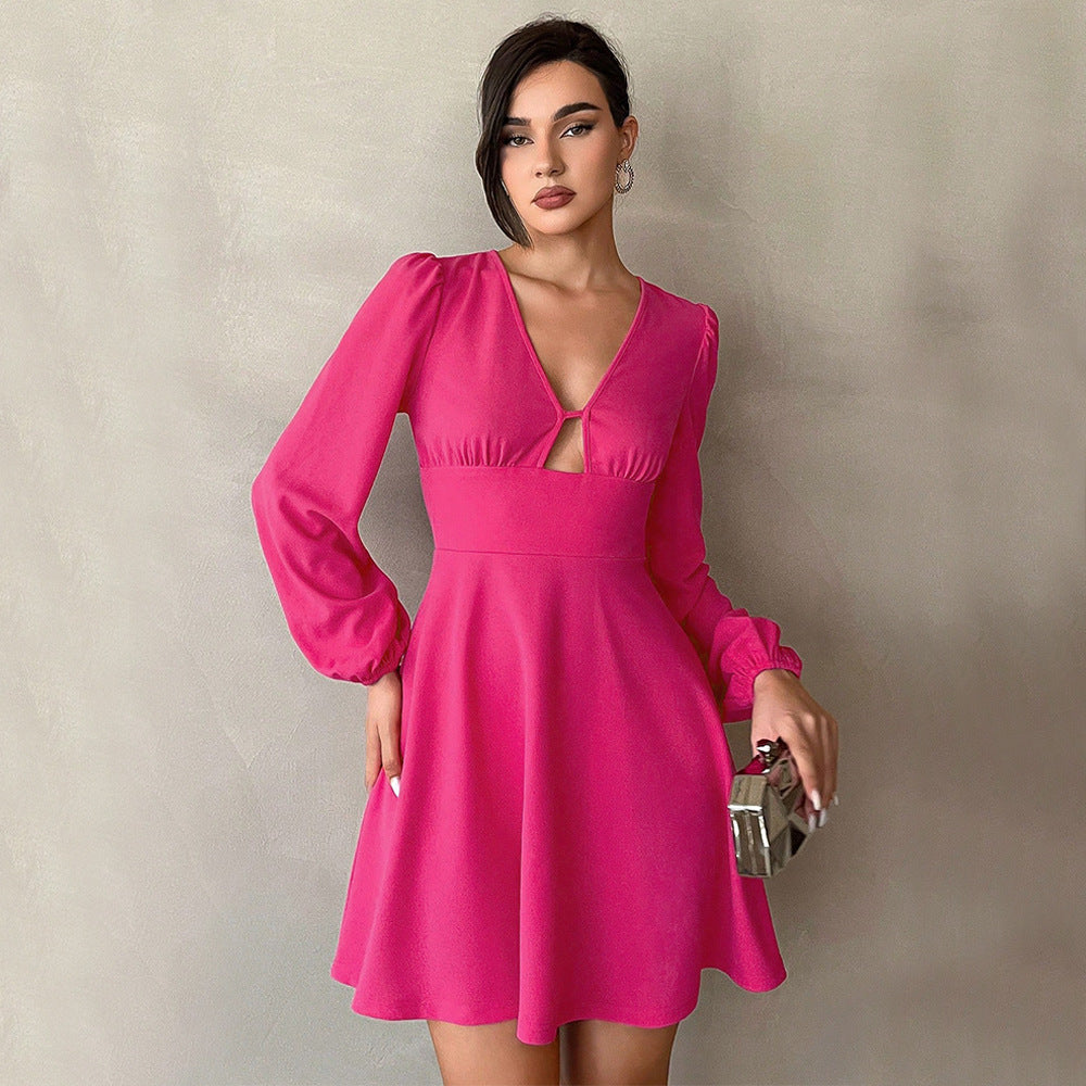 Export cross-border fashion for women in europe and america  fall and winter new arrival waist v-neck puff sleeve a-line skirt elegant mini dress