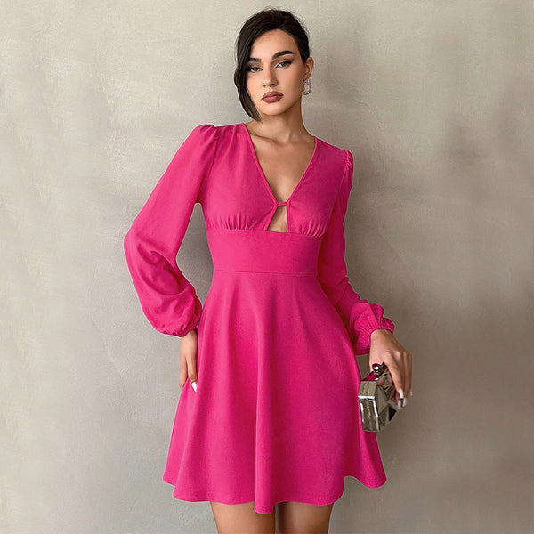 Foreign trade  European and American women's clothing 2024 autumn and winter new waist v-neck bubble sleeve A-shaped skirt temperament mini dress