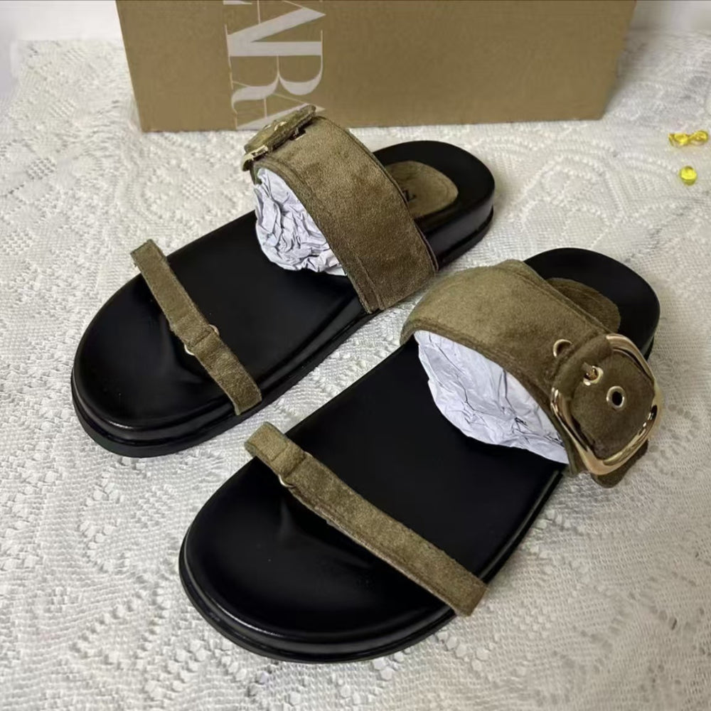 Za2025 summer women's flat sandals - single strap, buckle closure, casual, versatile, outdoor sandals