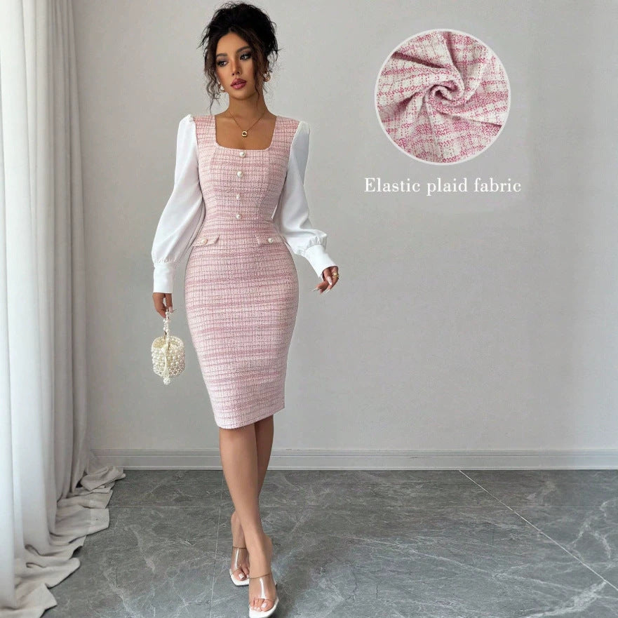 new european and american cross-border pink chanel-style square neck puff sleeve slim-fit french dress