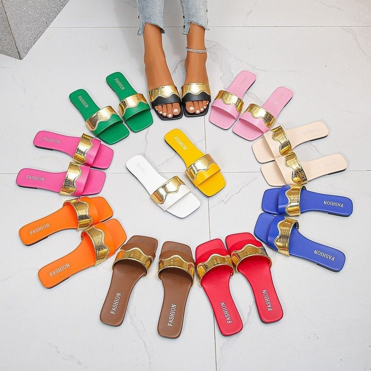new flat slippers, plus size macaron gold trim, indoor/outdoor one-strap beach casual women's slippers
