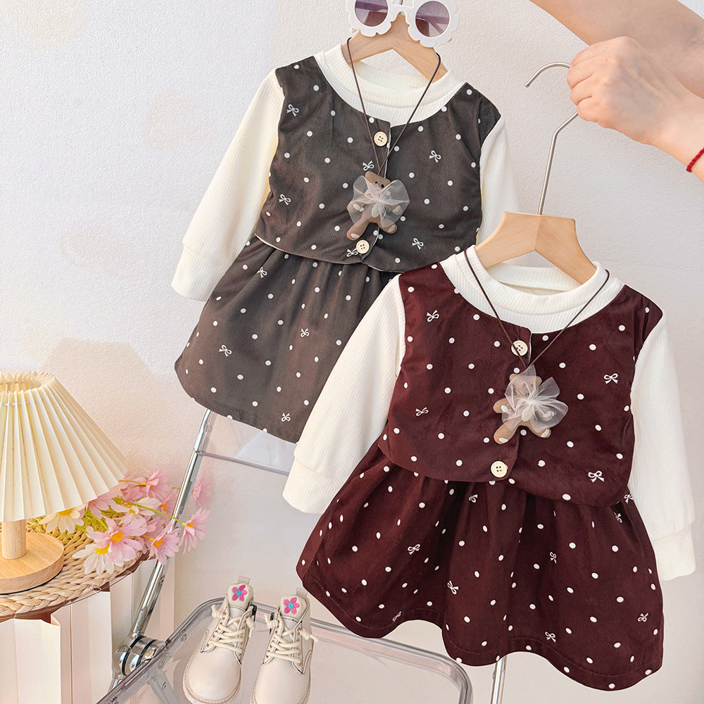 Girllong sleeves round neck patchwork skirt spring & fall dress one-year-old dress for kids baby girl bear polka dot bows style skirt