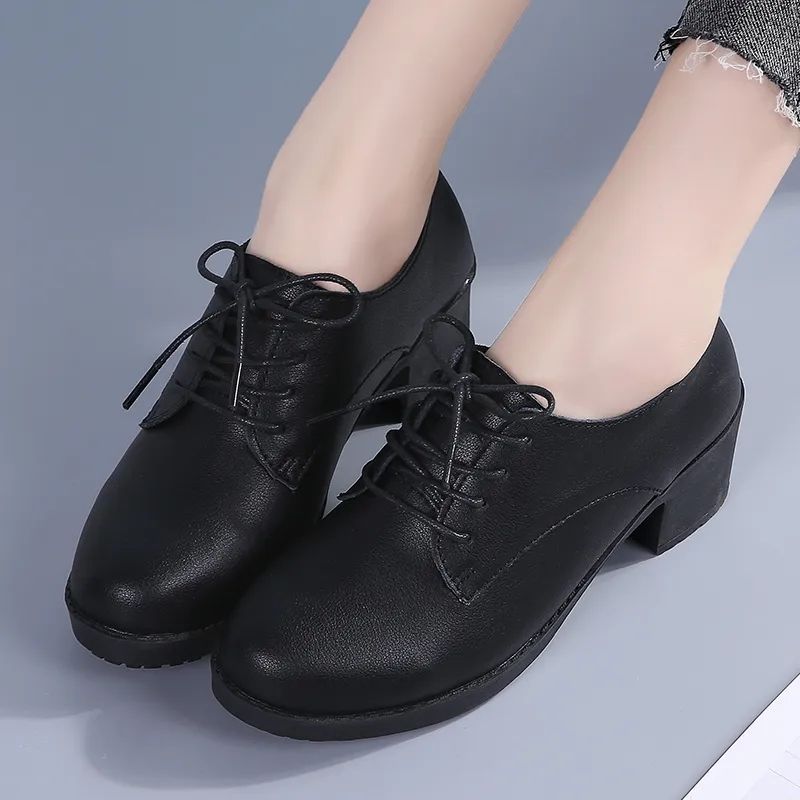 Women's retro leather mary janes - spring/autumn style, british-inspired mid-heel professional flats, black interview/work shoes - comfortable & non-fatiguing