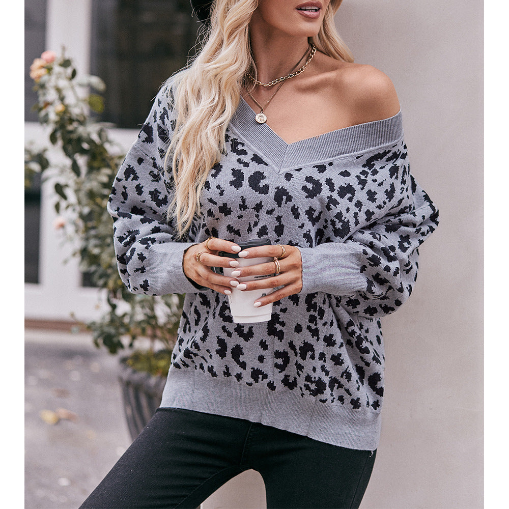 Europe, America and  2023 autumn and winter  new women's clothing V-neck off-the-shoulder leopard print pullover loose fashion sweater