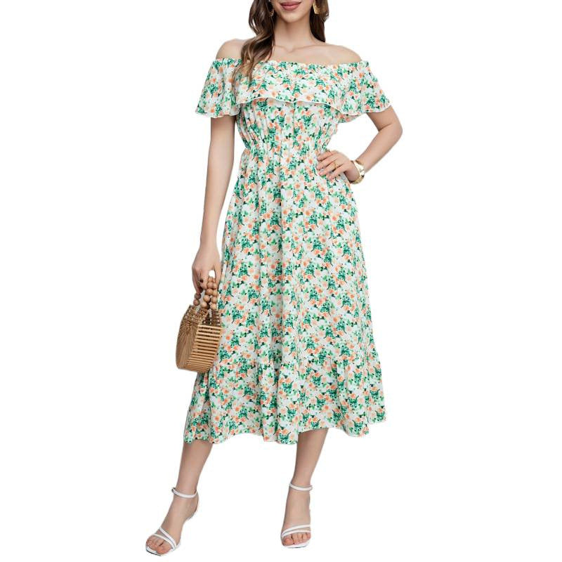 listing: new  women's original elegant ruffle off-the-shoulder printed dress