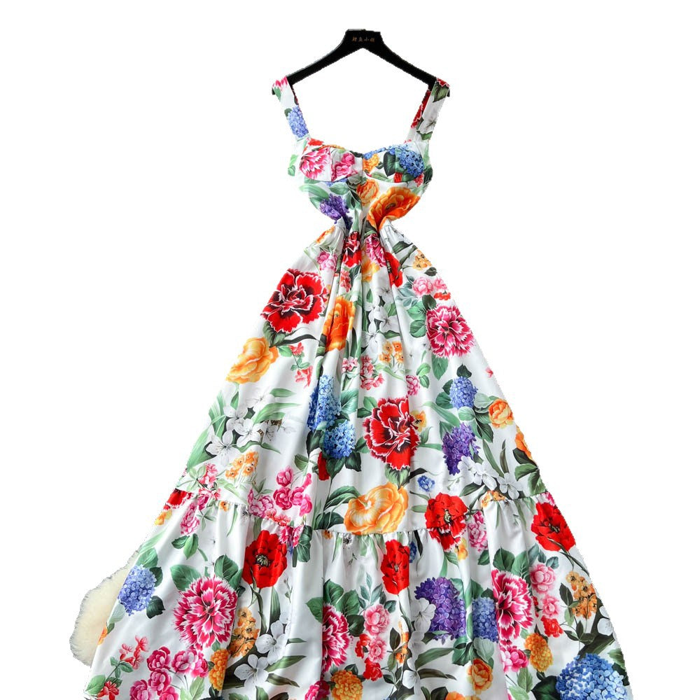 Vintage court style printed slip dress - women's summer cinched waist slim fit high-end elegant socialite maxi dress