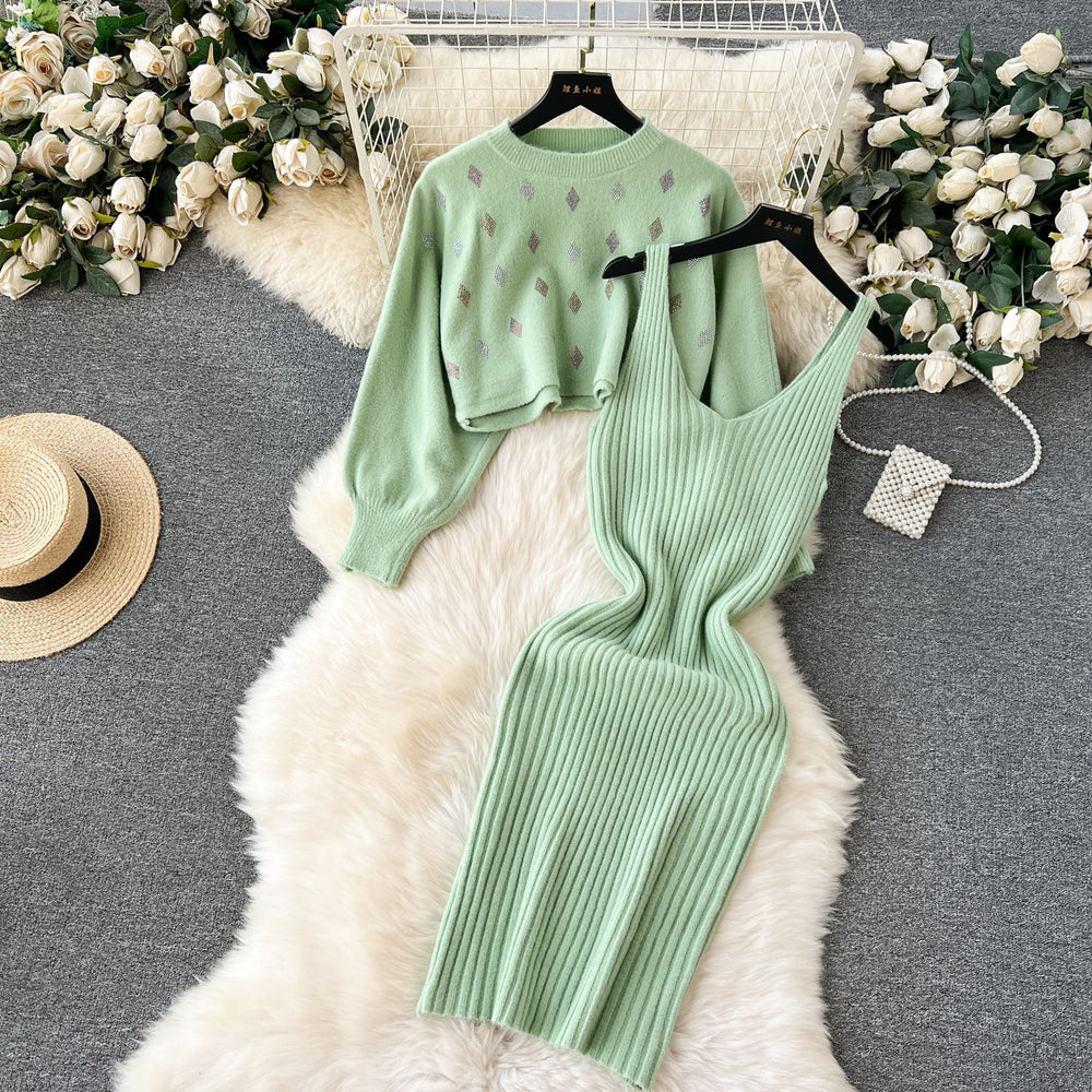 Women's winter sweater set: short sleeve cardigan & versatile cami dress two-piece outfit