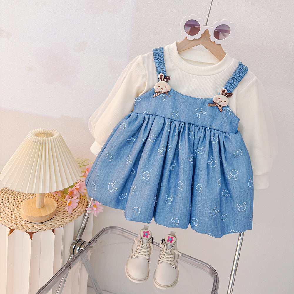 Autumn kids' dress cartoon baby chic princess cute faux two-piece new  girls' dress trendy