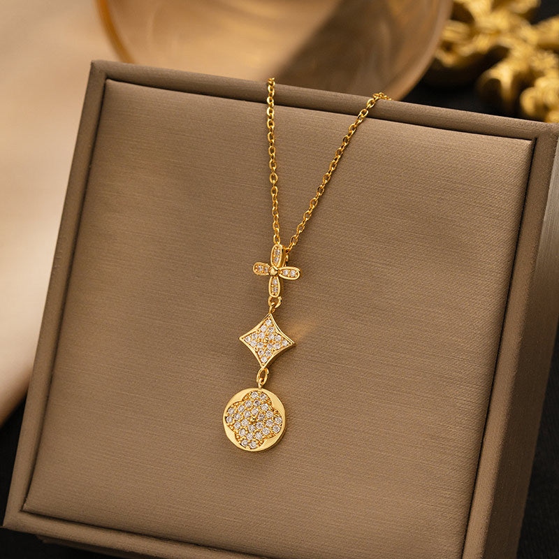 【titanium steel】elegant and high-end full diamond real gold exquisite micro-paved four-leaf clover necklace - women's fashion trendy clavicle chain