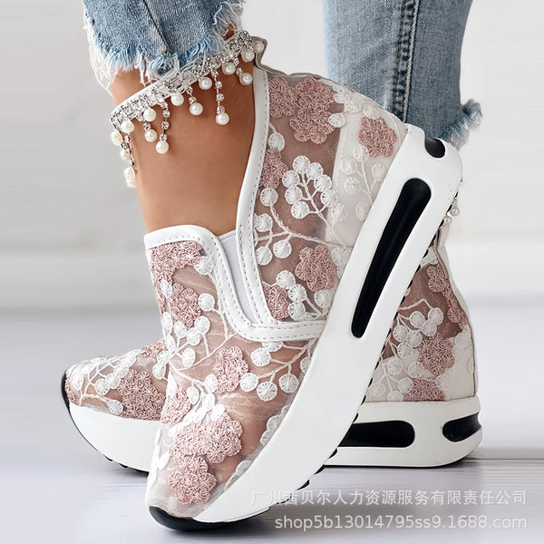 LZT6719 single shoes women's summer loafers lace mesh white shoes casual high heel inner height increase muffin women's shoes