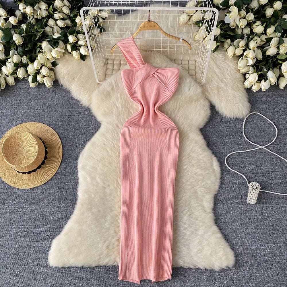 European and american high-end knitted asymmetrical neckline dress - women's summer irregular light luxury slit design - pure desire hot girl maxi dress
