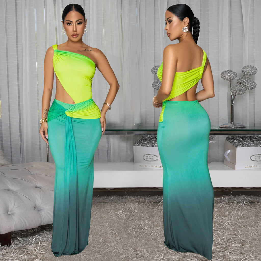 C7473    European and American fashion women's clothing summer sexy slanted shoulder bag arm gradual change dress