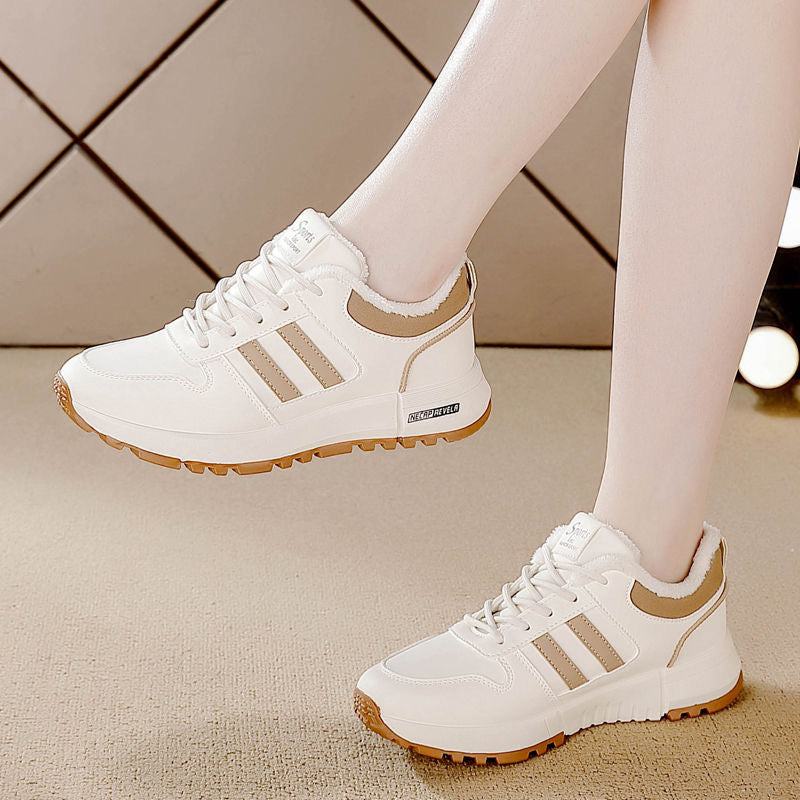 Women's athletic sneakers - cotton-lined, leather upper, fleece-lined for extra warmth - new autumn 2025 collection - chunky sole, non-slip, lightweight casual shoes - women's cotton shoes