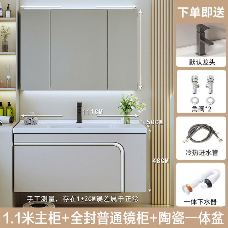 [Customized] Side storage bathroom cabinet ceramic integrated hand wash basin bathroom solid wood bathroom cabinet combination
