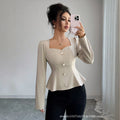 European and american  summer square neck puff sleeve waist top pearl button silmruffle hem shirt