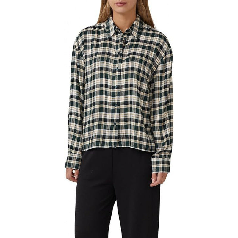 Amazon fashionpolo collar plaidlong sleevesshirt women's  spring new arrivalretrofashiontops
