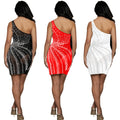 C6685 cross-border   fashion women's solid color mesh rhinestone sleeveless mini dress
