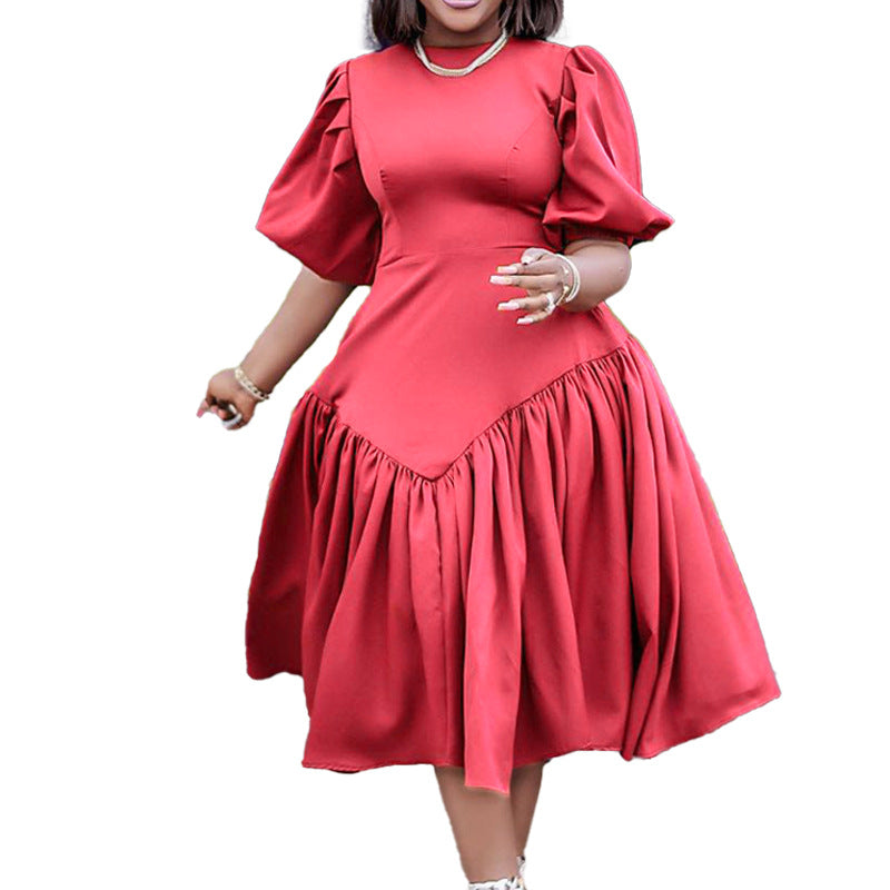 D3164 european and american clothing  new  pleated african plus size fashion puff sleeve foreign trade dress