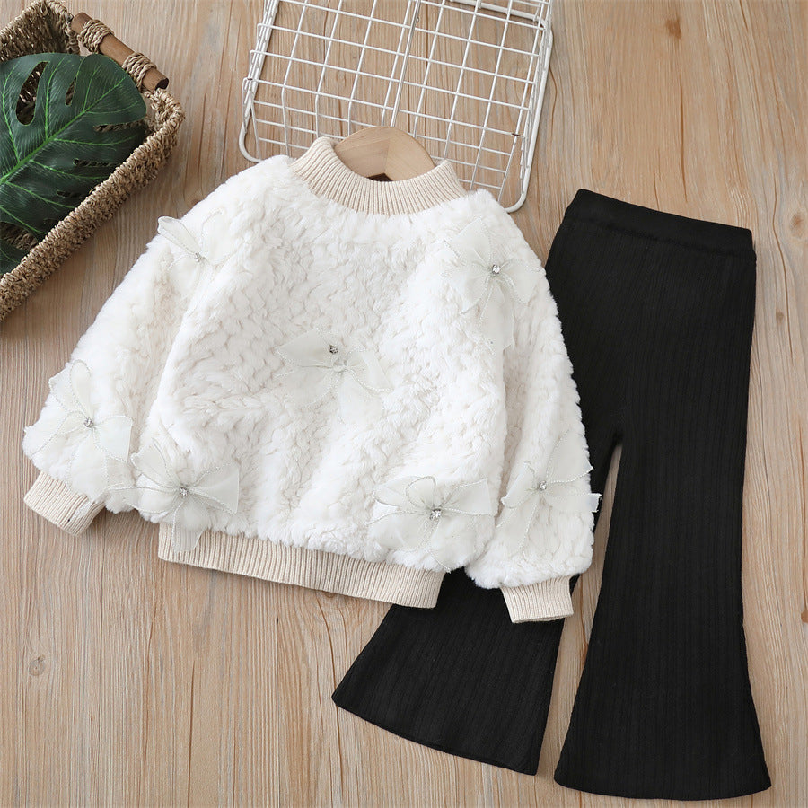 Girls' fuzzy two-piece set, thickened crew neck,  autumn/winter new collection, little girl's pullover fuzzy outfit