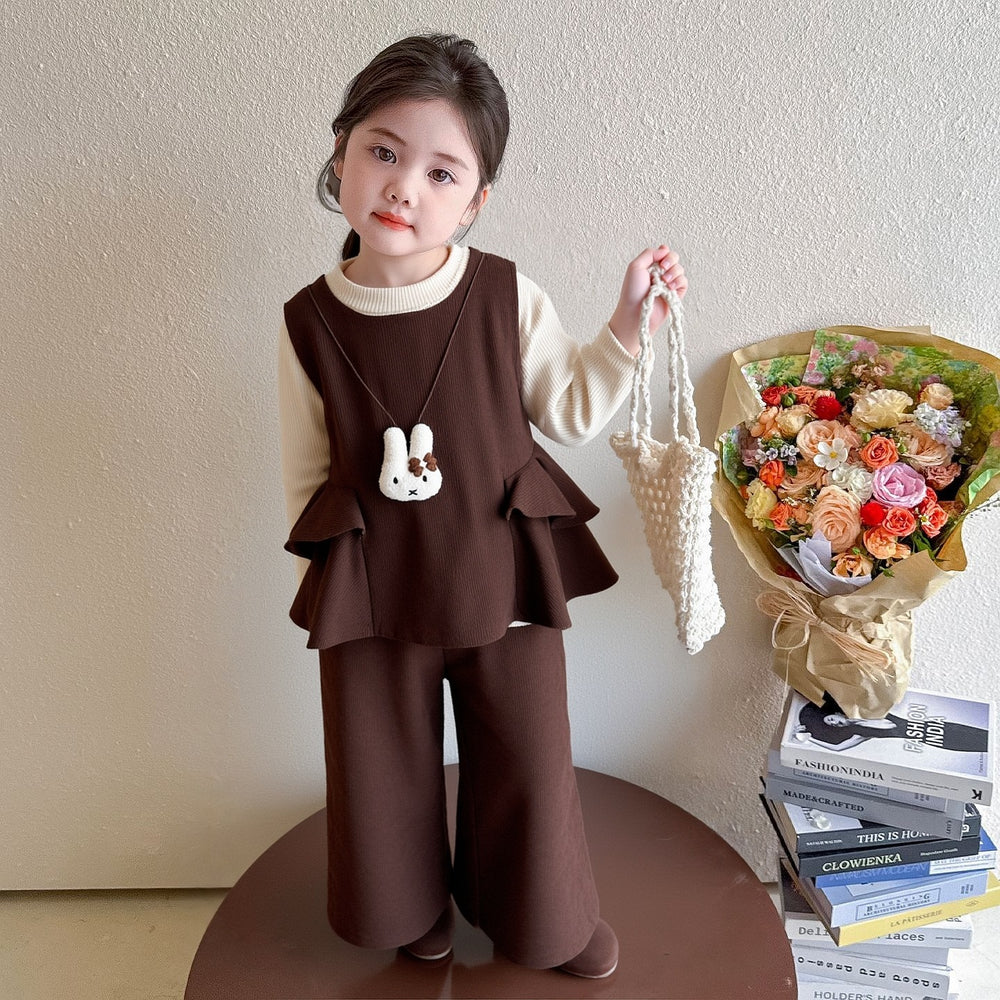 Girls' autumn collection: new top & wide-leg pants set - early autumn, cute bunny lace korean style outfit for girls (toddler to middle school)