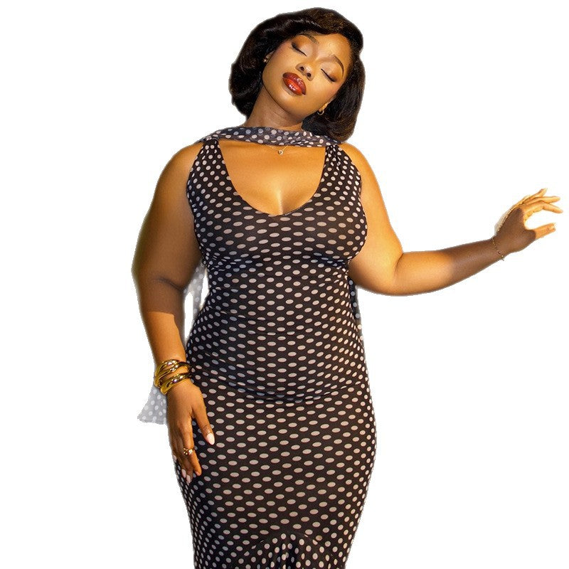 European and american style ins cross-border slimmingretro polka dot women's clothing printingruffles hip skirt u-neck sleeveless long dress