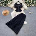French chic lace v-neck tank top & high-waisted pleated skirt set - elegant & sophisticated summer two-piece