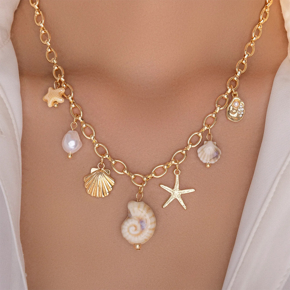 Wholesale seashell pendant necklaces - amazon cross-border conch accessories - women's minimalist irregular starfish pearl choker necklaces