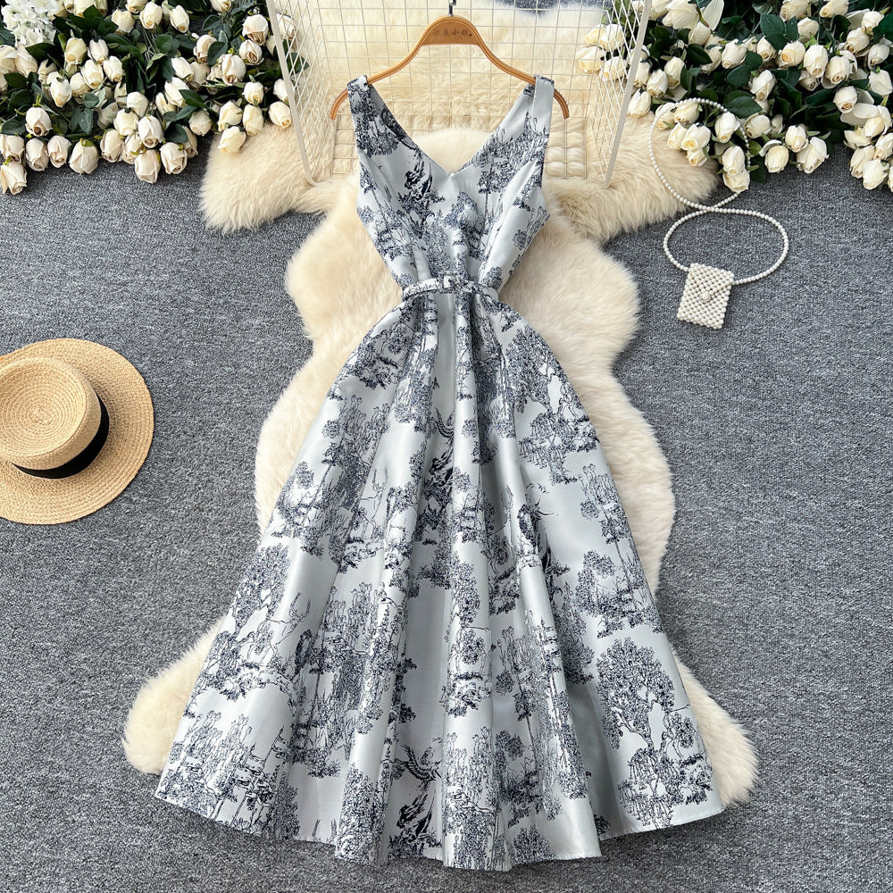 French chic high-end elegant dress for women, autumn  collection: tie-waist, slimming, elegant v-neck, jacquard, maxi swing dress
