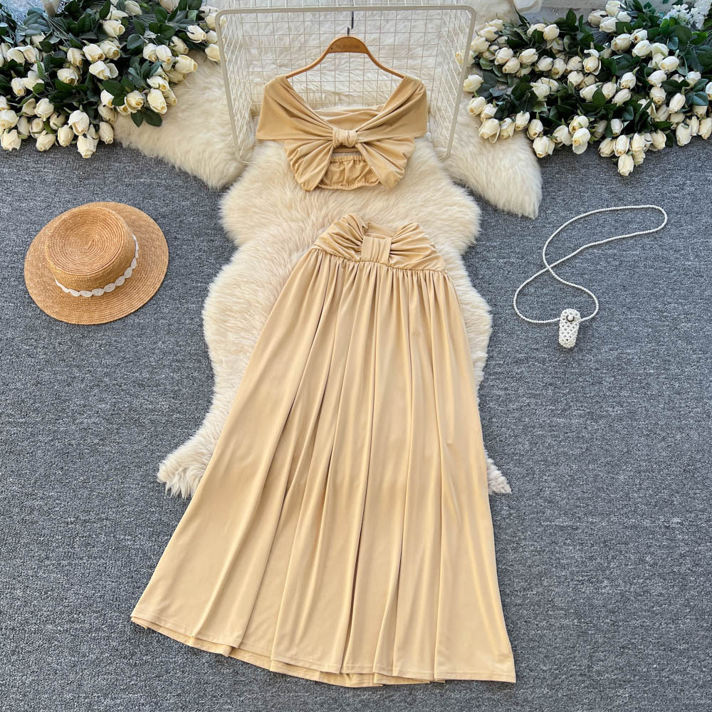 spring new french sexy one-shoulder cropped top and ruched midi skirt vacation outfit set