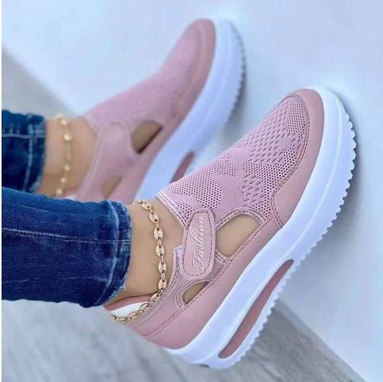 Summerexportplus size fly woven breathable casualflats wedge heel thick solecut out velcro round toe low ankle women's flats