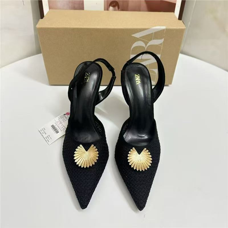 Za2025autum new fashion woven surface women's shoes classypointed toe high heels women's embellished metal flower sandals