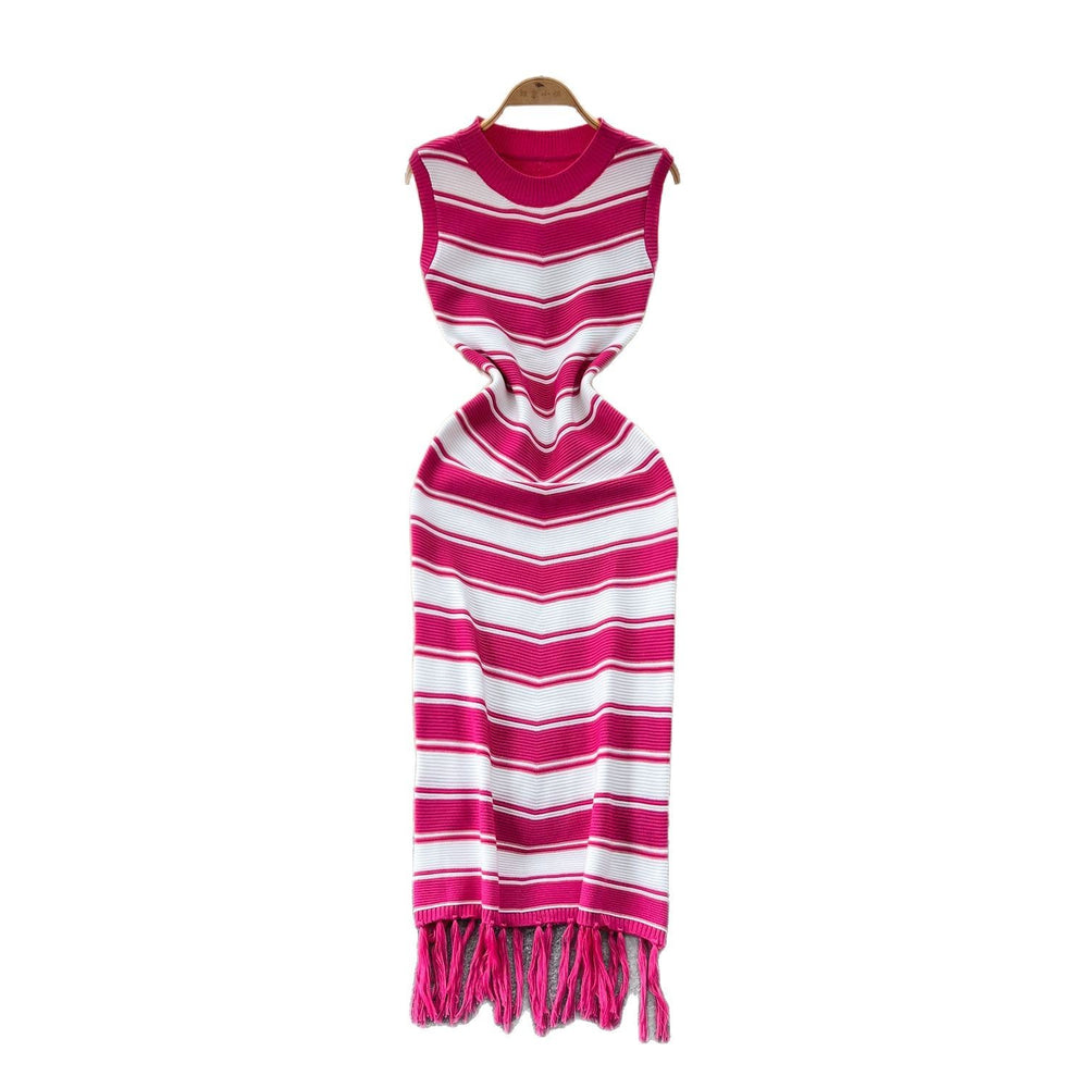 Goddess style elegantsilm round neck sleeveless color block stripesknittingdress women's summer tight hip tassel skirt