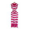 Goddess style elegantsilm round neck sleeveless color block stripesknittingdress women's summer tight hip tassel skirt