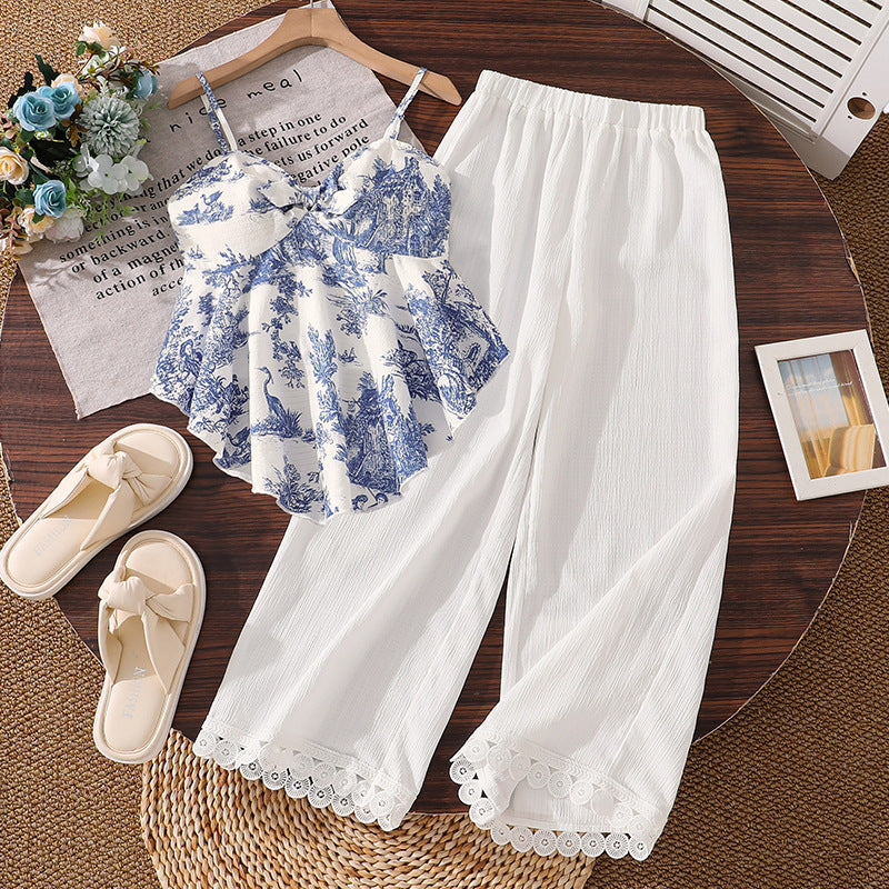 Girls' two-piece set:  spring/summer new french print irregular hem cami top and lace wide-leg pants