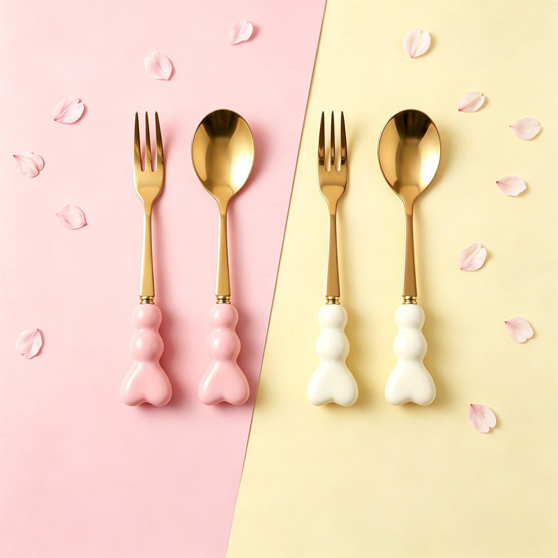 Carefully selected love handle dessert fork and spoon girl heart afternoon tea spoon high temperature resistant thickened ceramic handle fruit fork