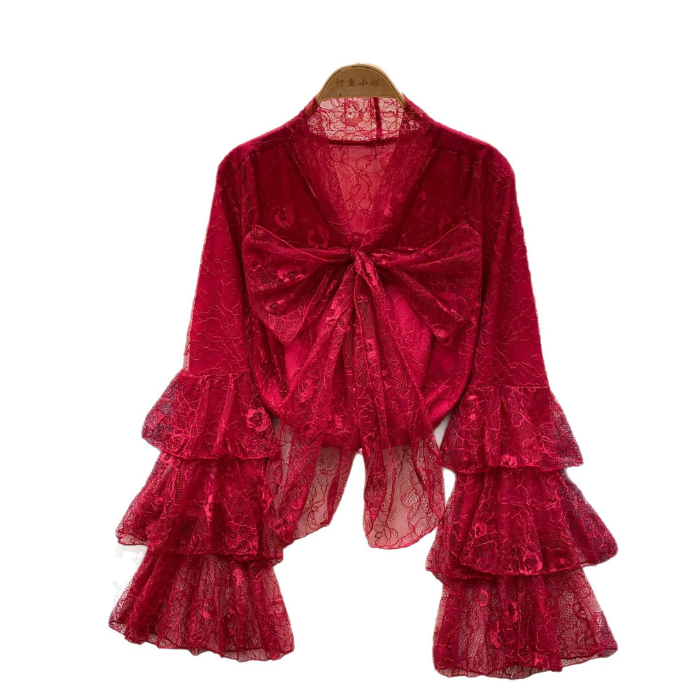 French chic red lace bow blouse - women's spring/autumn long sleeve, loose fit, youthful & elegant top