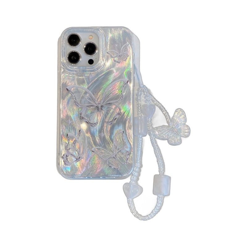 Premium feather yarn iphone 16 pro silver butterfly phone case, apple 12 hard case, 14 chain protective cover