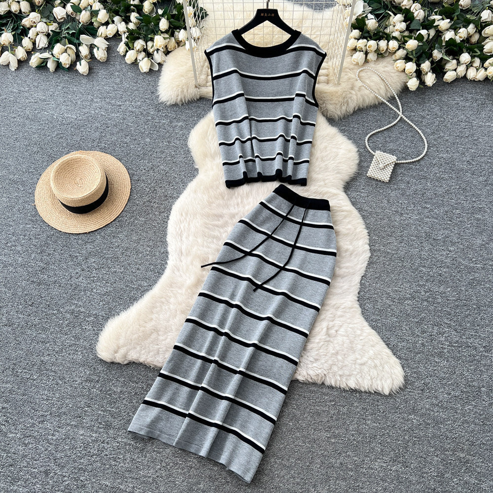 Pure desire style stripesknittingeleganttwo-piece set women's summer sleeveless vest high waist skirt work clothingelegantsuit