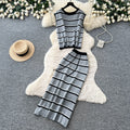 Pure desire style stripesknittingeleganttwo-piece set women's summer sleeveless vest high waist skirt work clothingelegantsuit