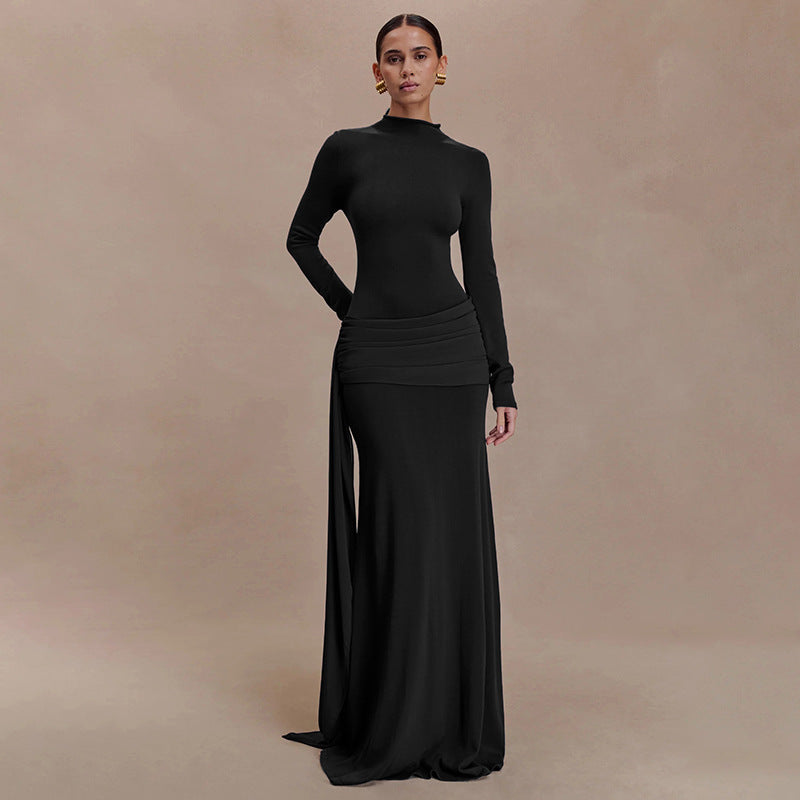 Aliexpress european and american women's winter new arrival: solid color, elegant, long-sleeved, slim-fit maxi dress with ruched detail and flowing ribbon – a touch of grace