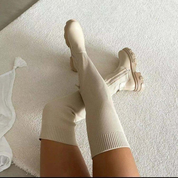 foreign trade women's large size boots fashionnew arrival over the knee round toe fly woven boots women's thick sole boots