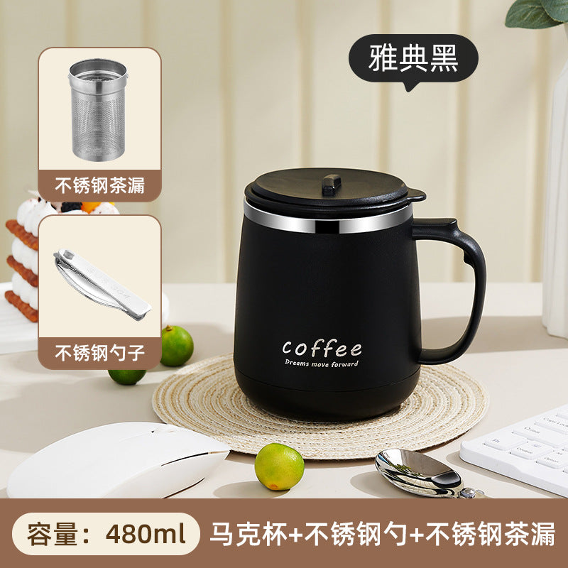 304 stainless steel mug with lid, creative logo design, high-value aesthetic, includes tea infuser, office coffee cup, wholesale gift option