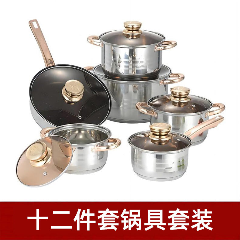 new compound bottom stainless steel pot kitchen simple frying pan soup pot milk pot with lid twelve-piece set wholesale
